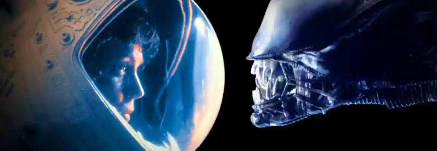 Ellen Ripley from Alien (1979) staring at the Xenomorph queen