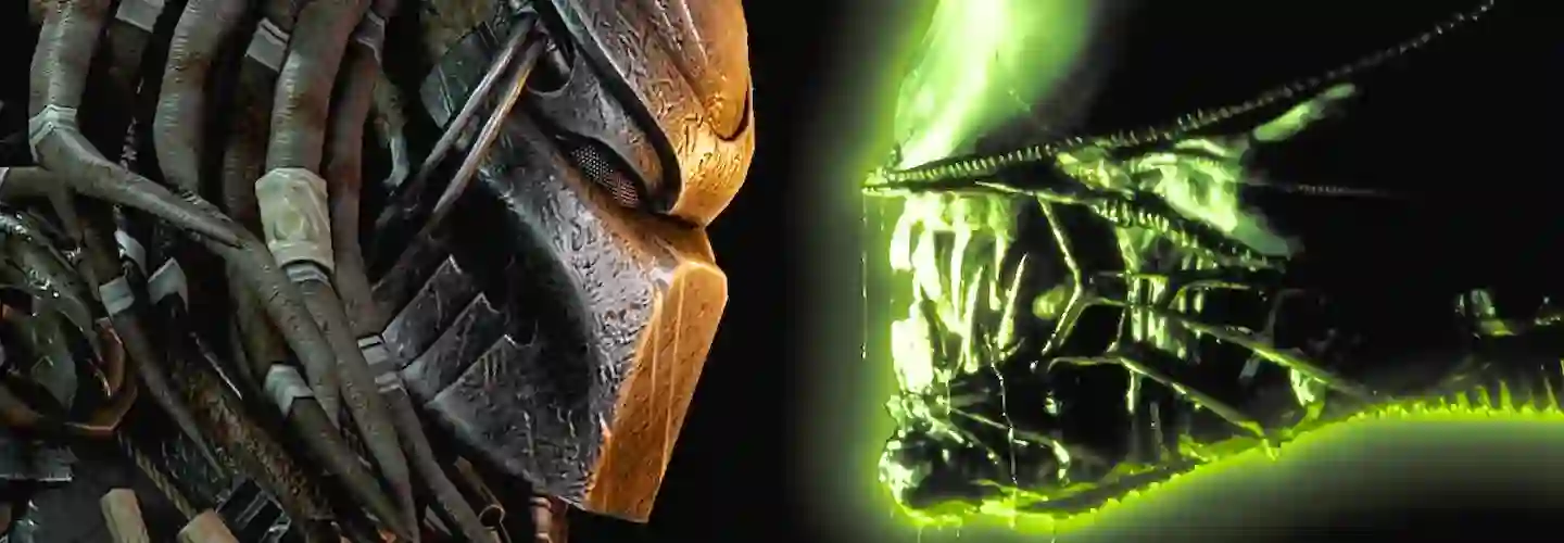 The Predator from Predator (1979) facing the Xenomorph from the Alien franchise, in the poster for Alien vs. Predator (2004)