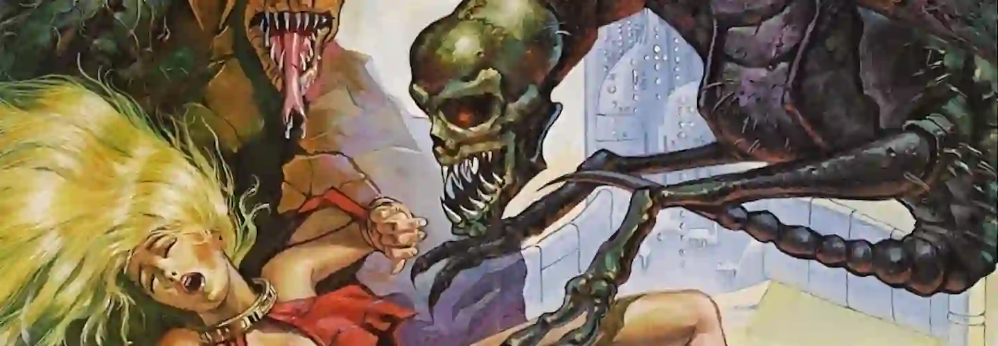 A woman gets attacked by a scary skeleton monster on the poster for Galaxy of Terror movie