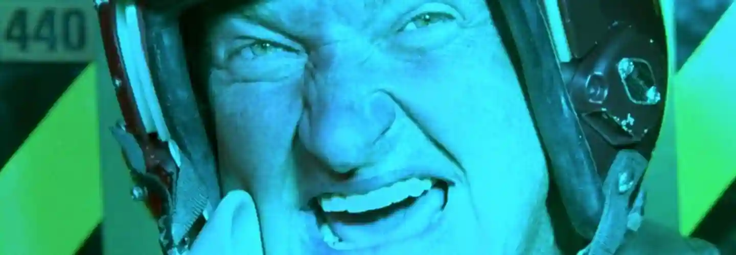 Russell Caise (Randy Quaid) yelling, 'Hello boys! I'm baaack!' while flying into the alien ship in Independence Day (1996)